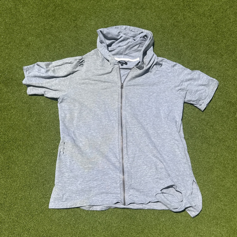 Gray distressed short sleeve hoodie